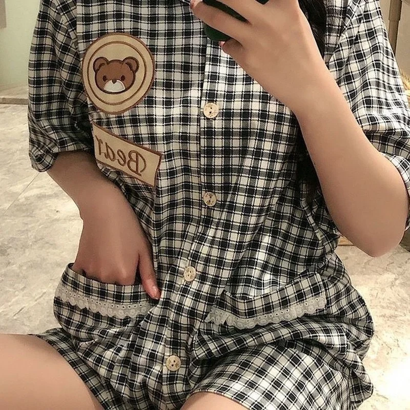Japanese Pajamas for Women Summer College Style Pyjamas Cute Cartoon Bear Plaid Lapel Pijamas Plus Size 2 Piece Sets Home Suit
