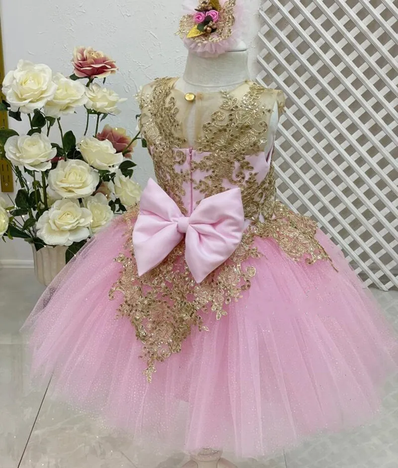 

Розовая тюль, золотая ткань, детский наряд на 1-й день рождения, подарки для маленьких девочек, платье для девочек с цветами, фотосессия, Рождественская церемония, 12 м, 18 м