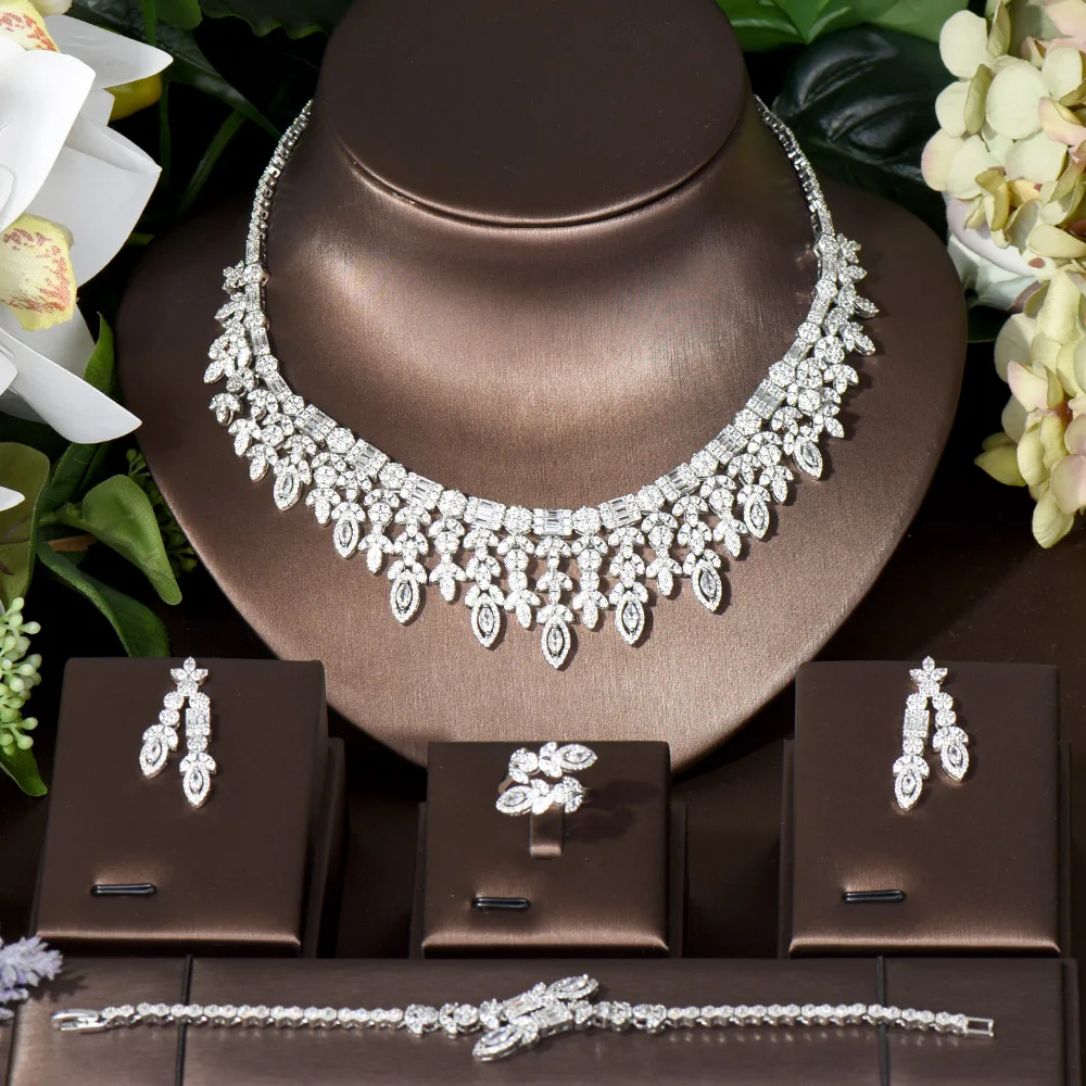 Fashion Big Leaf Water Drop Necklace Earring Bridal Jewelry Set Cubic Zirconia Women Wedding Party Costume Jewelry Bijoux N-516