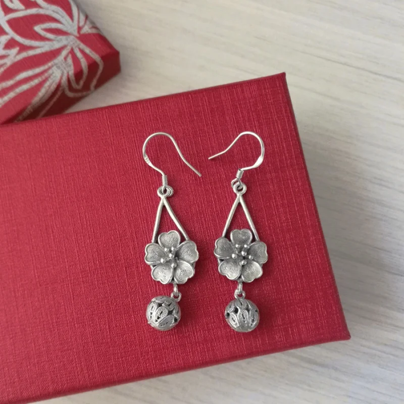 Ethnic Style Handmade Filigree Miao Silver Small Flower Tassel Earrings Han Chinese Clothing Accessories Retro Sweet Personality