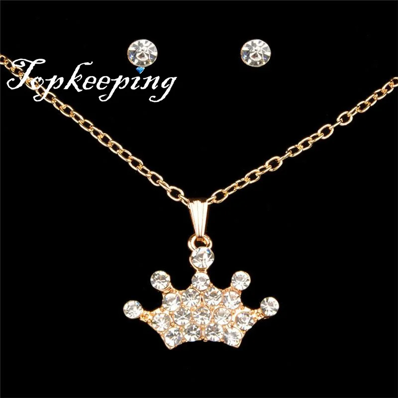 

LE Crown Crystal Imitation Rhinstone Pendant Necklace & Stud Earring Jewelry Set