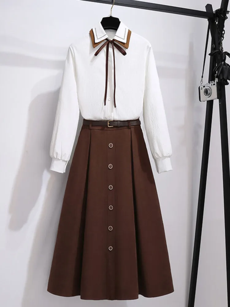 

2022 new spring style contrast collar bow Long Sleeve Shirt Top + skirt set