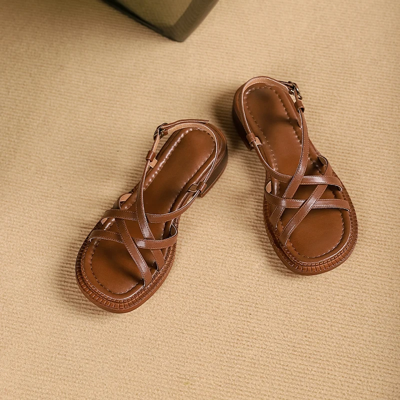 Женские босоножки из натуральной кожи QUTAA черные повседневные на толстом низком