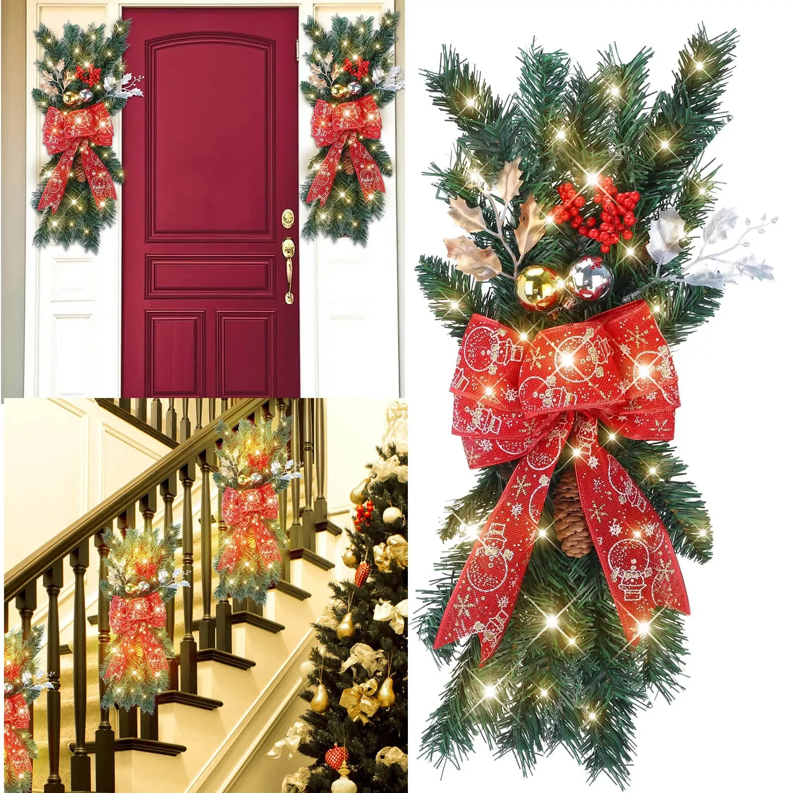 

NEW2023 The Cordless Prelit Stairway Trim Christmas Wreaths For Front Door Holiday Wall Window Hanging Ornaments Wreath with Led