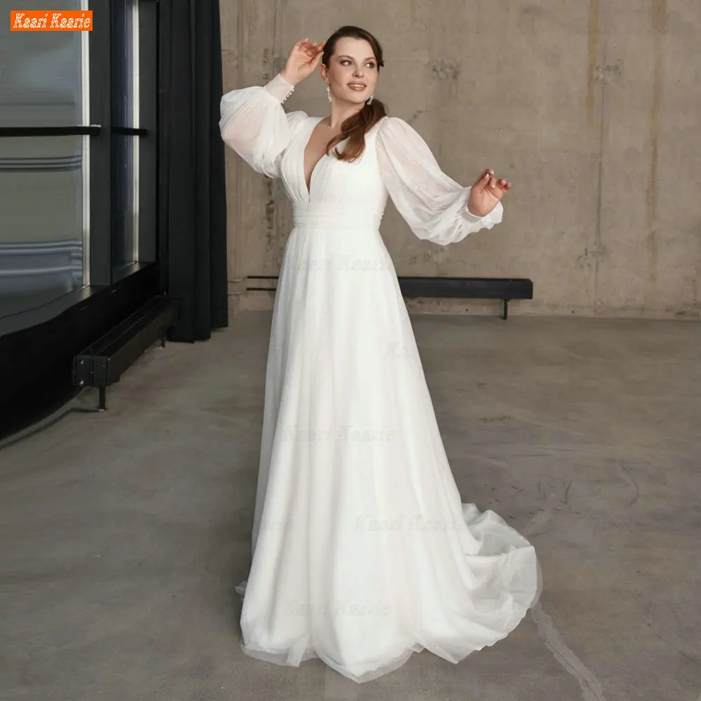 

Sexy V Neck Wedding Gowns 2022 Ivory Long Puff Sleeves Bridal Dresses A Line Tulle Robe De Mariée Factory Custom Abito Da Sposa