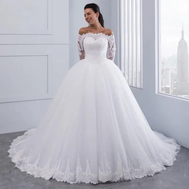 

Wedding Dress In Winter High Waist Medium Sleeve Princess Dress Thin Off Shoulder Slim Fitting Lace Sleeve Tail Wedding Dress