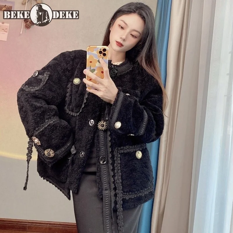 

Winter Fashion Ladies Real Fur Jacket Buttons Women Designer Slim Fit Short 100% Natural Wool Coat Suede Leather Lining Jacket