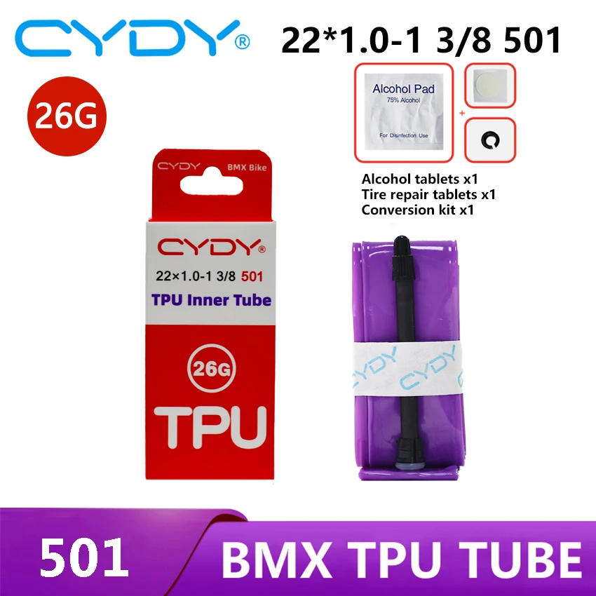 Фото Велосипедная камера CYDY TPU для BMX, 22 дюйма, серия 501, 22x1.0, различные размеры, FV 1 1/8 до 1 3/8, запчасти для велосипедных шин №1