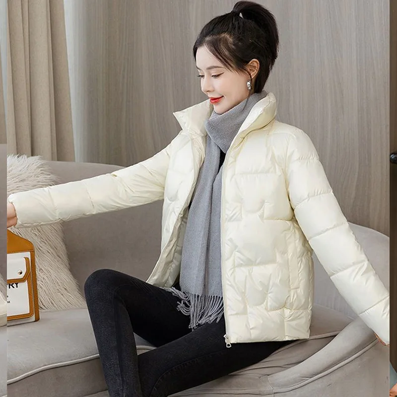 Winter Warm Thick Stand Up Down Coats Women Black White Short Down Jacket Elegant Long Sleeves Zipper Clothes Outwear Female