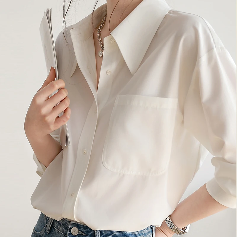 

Autumn White Shirts Office Lady Solid 2022 New Long Sleeve Women Tops Spring Blouse with Pocket Unique French Style Shirt 24166