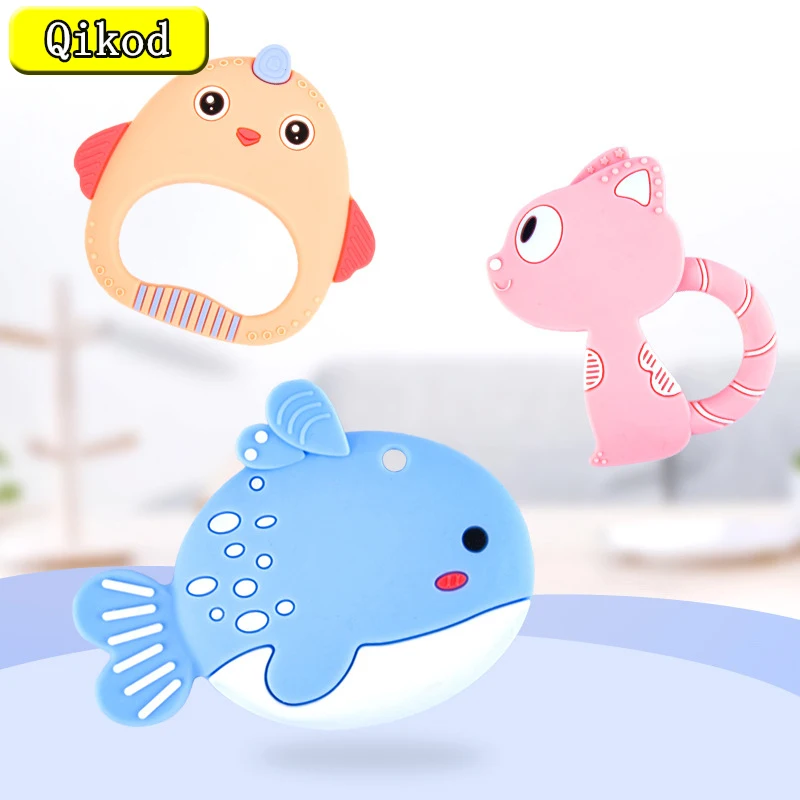 Food Grade Silicone Teethers Animal Cat Fish Baby Ring Teether Infant Baby Silicone Chew Charms Kids Teething Gift Toddler Toys