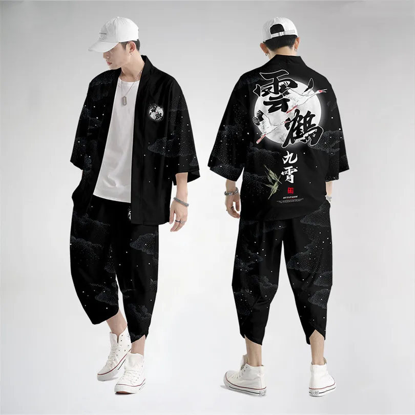 Two-piece Suit Oversize Japanese Crane Cardigan Women Men Cosplay Yukata Clothing Harajuku Tradition Kimono + Pants Sets Haori