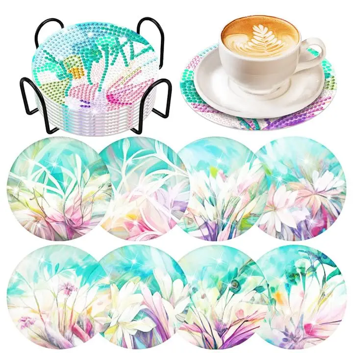 

8PCS Boho Flower Diamond Painting Art Coaster with HolderDIY Boho Flower Diamond Art Coaster Non Slip Coaster for Adults Diamond