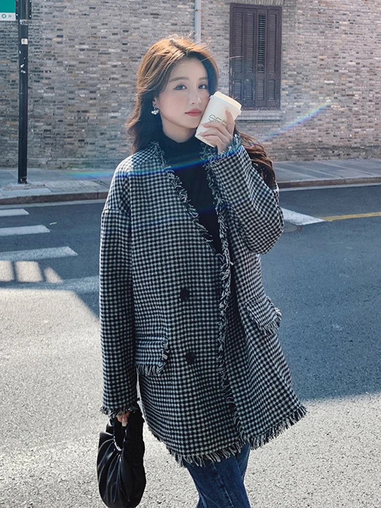 Изящная популярная верхняя одежда в стиле ретро с узором гусиные лапки женская