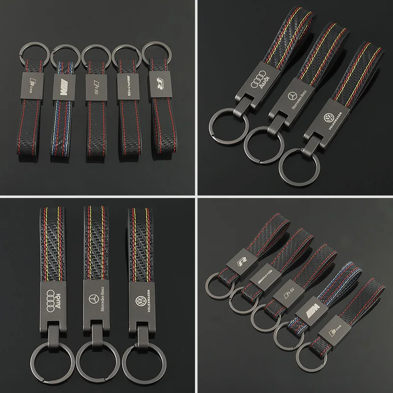 

Leather Carbon Fiber Car Metal Key Chain Ring Pendant For BMW M Three-color Sports Audi Sline Volkswagen R Mercedes-Benz AMG