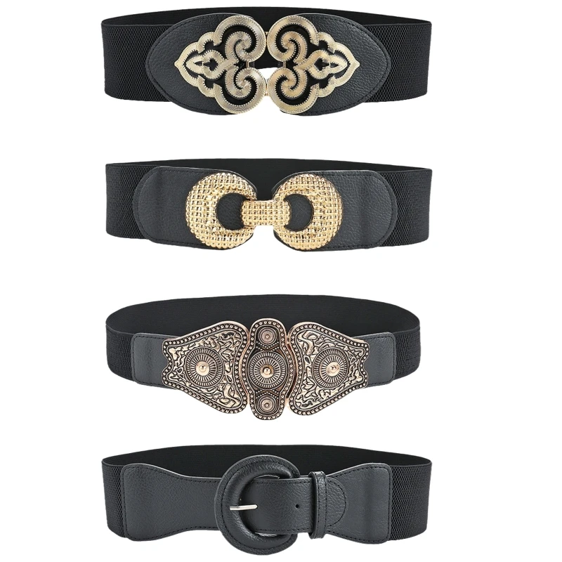 

573B Elastic Wide Belt Stretchy Cinch Belt For Dress Decorative Belt Black Belts