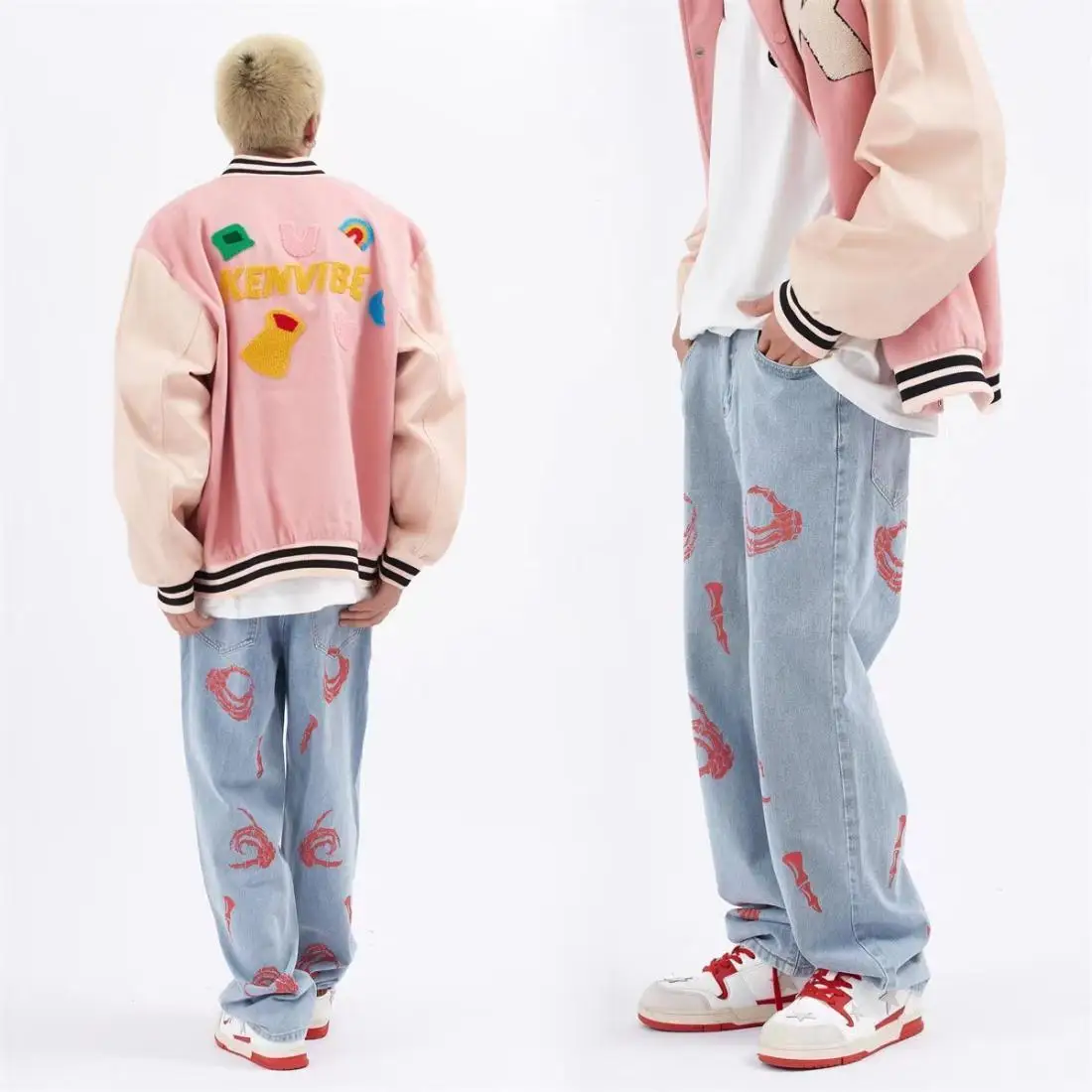 Skeleton Skull Pants Y2k Streetwear Print Distressed Men Straight Jeans High Street Vintage Punk Trouser Women Denim Jeans Blue