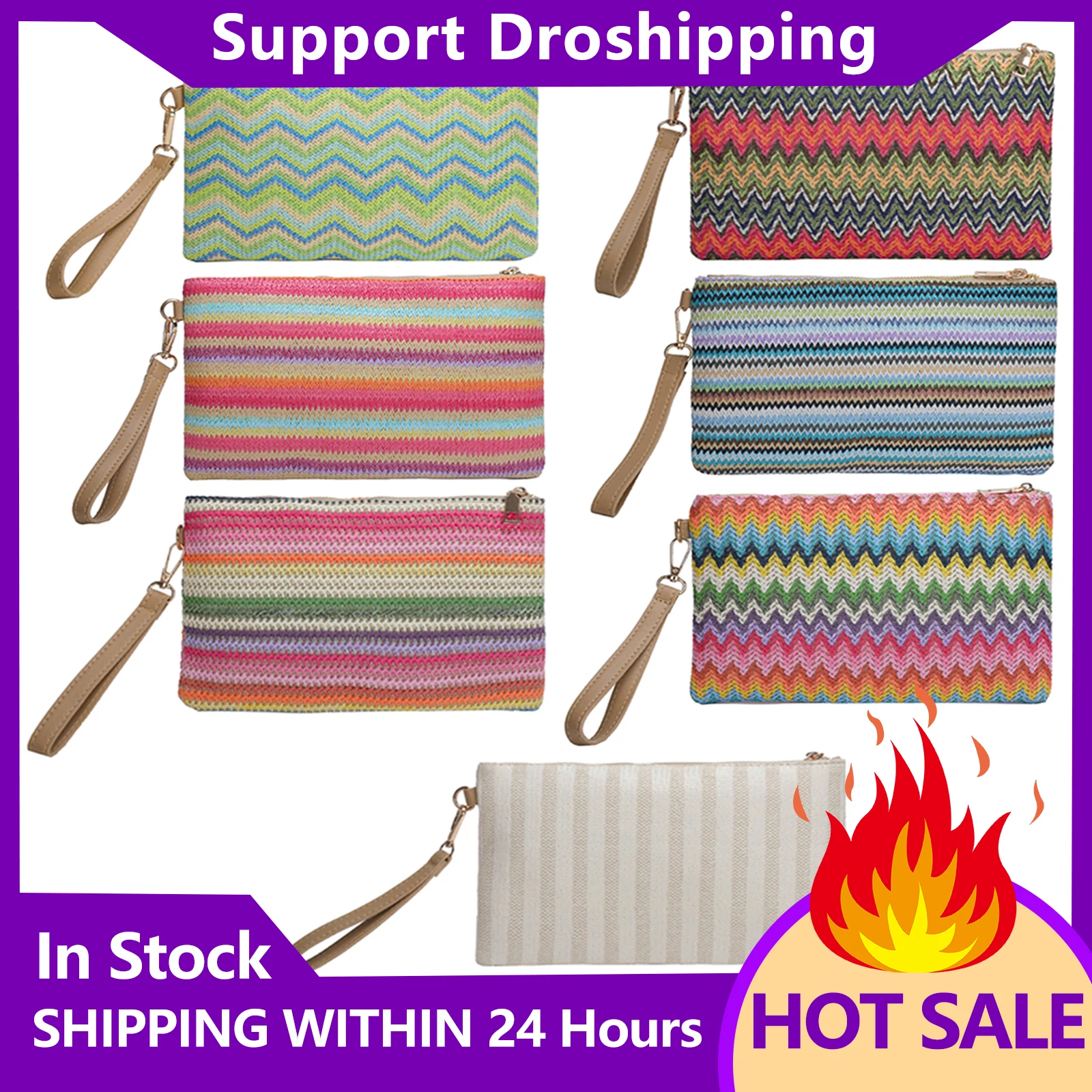 

Ladies Clutch Coin Purse Colourful Hand-woven Straw Bag Handmade Vintage Casual Portable Simple Exquisite For Seaside Beach