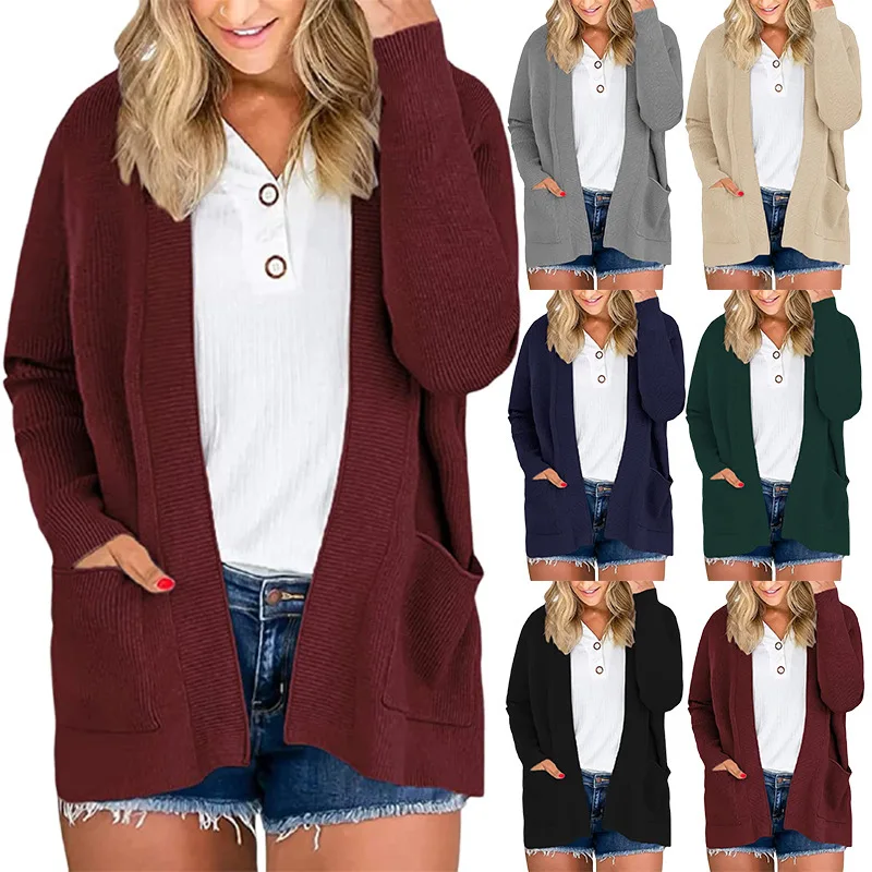 

Fashion Spring and Autumn Women's Knitted Sweater Cardigan Pocket Solid Color Pit Strip Sweater Women Coat Lady Casual Jackets