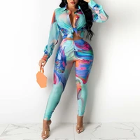wuhe fashion printed womens set lapel long sleeve shirt tops and legging pants two piece set fall chic tracksuit outfits