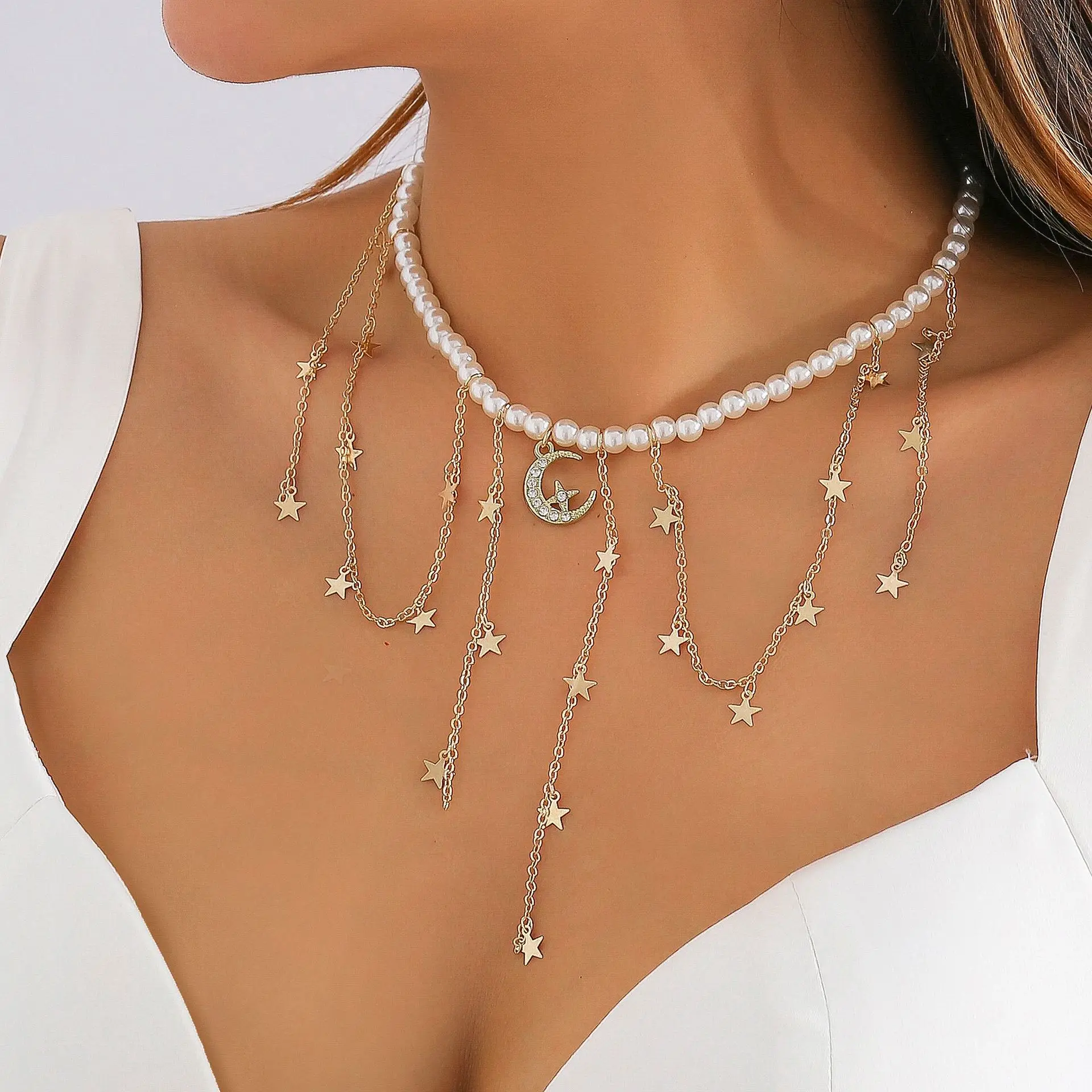 

Slightly water inlaid diamond, star moon, tassel, small design necklace, female imitation pearl collarbone chain