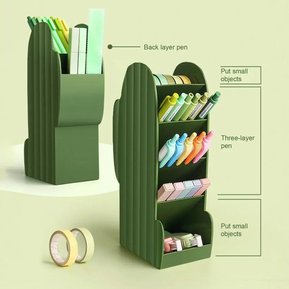 

Useful Cute Cactus Shape Obliquely Inserted 4 Grid Desktop Organizer Home Supplies Pen Holder Adorable for Study Room