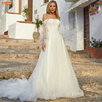 elegant scoop neck puff sleeves ivory wedding dress vestidos de noiva appliques beaded pleated tulle bridal gown robe de mari%c3%a9e