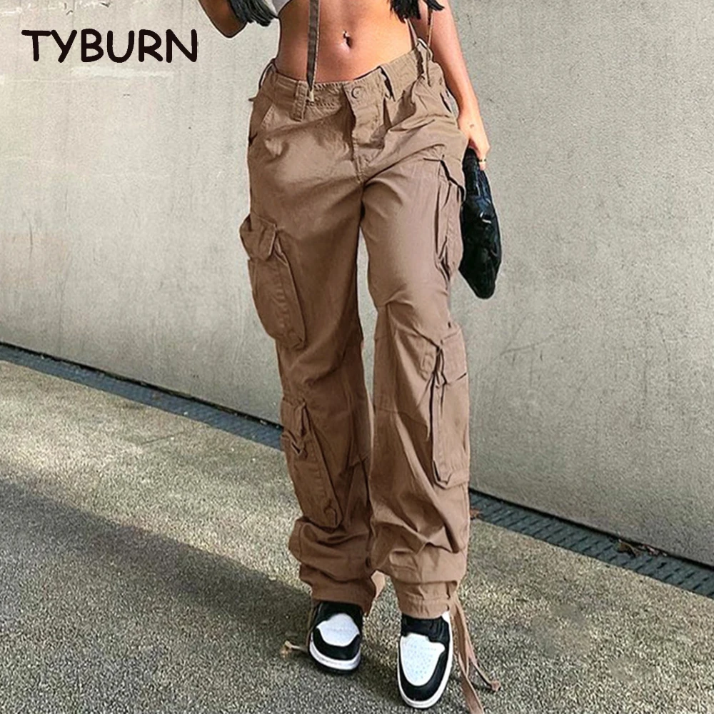 

TYBURN Autumn Winter New Women's Straight Barrel Work Suit Pants High Waist Loose Wide Leg Retro Multi Pocket Pants