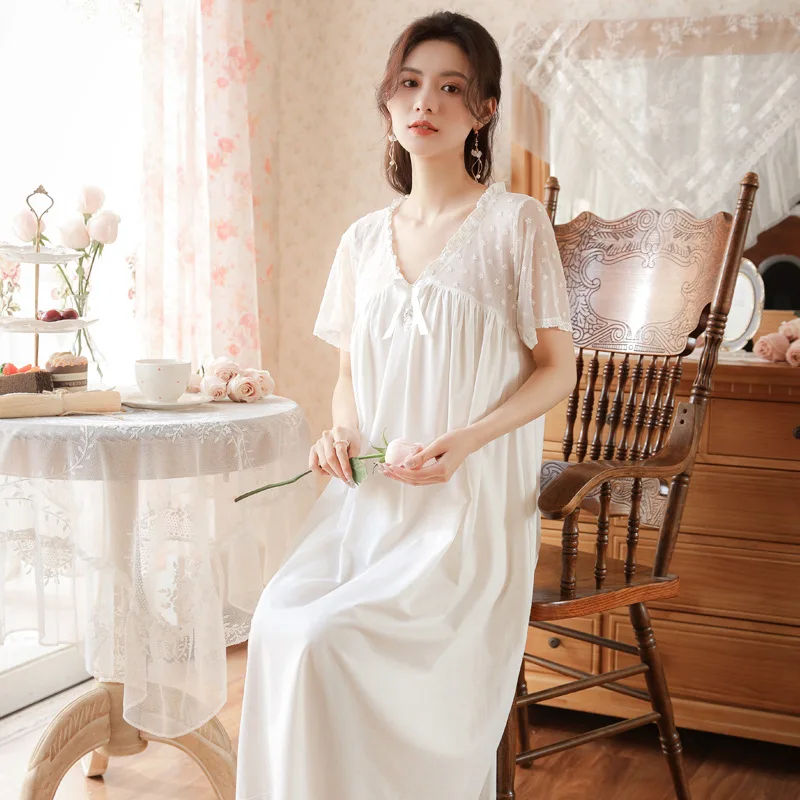 Women Cotton Night Dress Summer Sexy Lace Short Sleeve Nighty White Long Peignoir Victorian Vintage Nightgown Princess Sleepwear