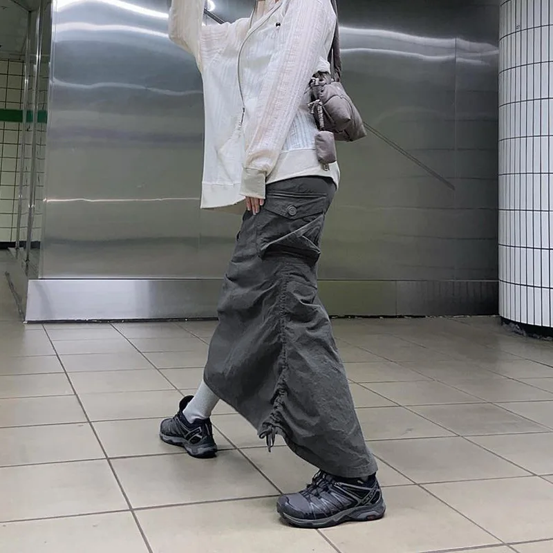 

Серая уличная длинная юбка с разрезом и завышенной талией, модная Женская Базовая юбка в Корейском стиле, женский наряд в стиле Харадзюку Y2K