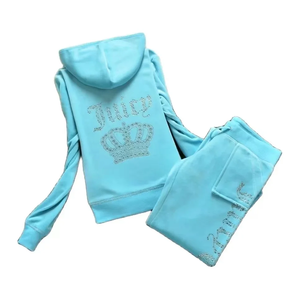 

2023 Juicy Coutoure Velvet Suit Fall Winter Women's Warm 2PC Sportswear Rhinestone Crown Homewear Casual Ladies Hooded Sweatshir