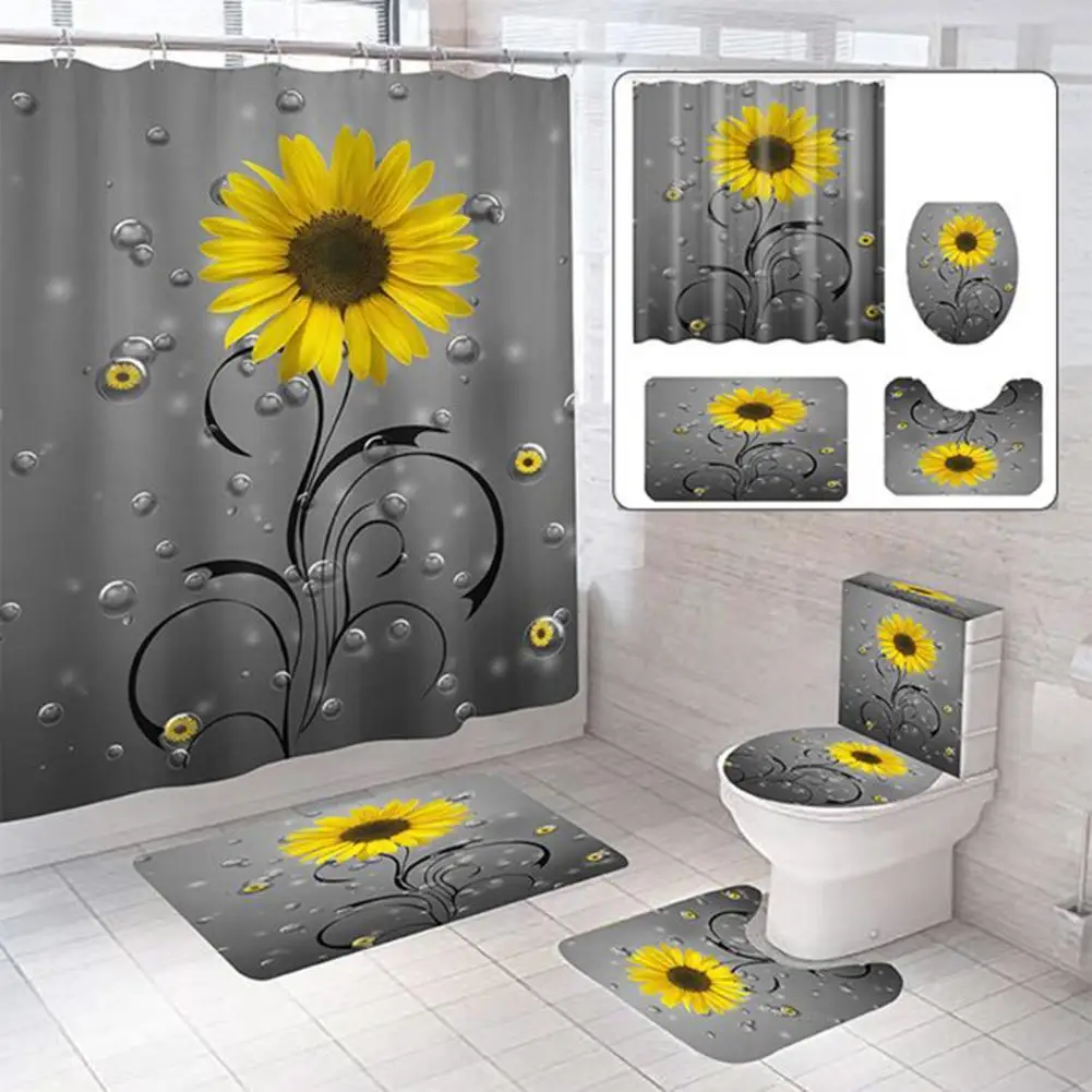 

Breathable 4Pcs Practical Quick Dry Bath Mat Shower Curtain Set Lightweight Bathroom Curtain Non-slip for Hotel