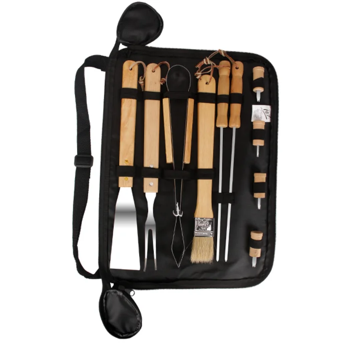 

BBQ Grill Tools Barbecue Accessories 10 in 1 Grill Utensils Brush Spatula Tongs Fork Skewers Corn Forks with Wood Handle bbq