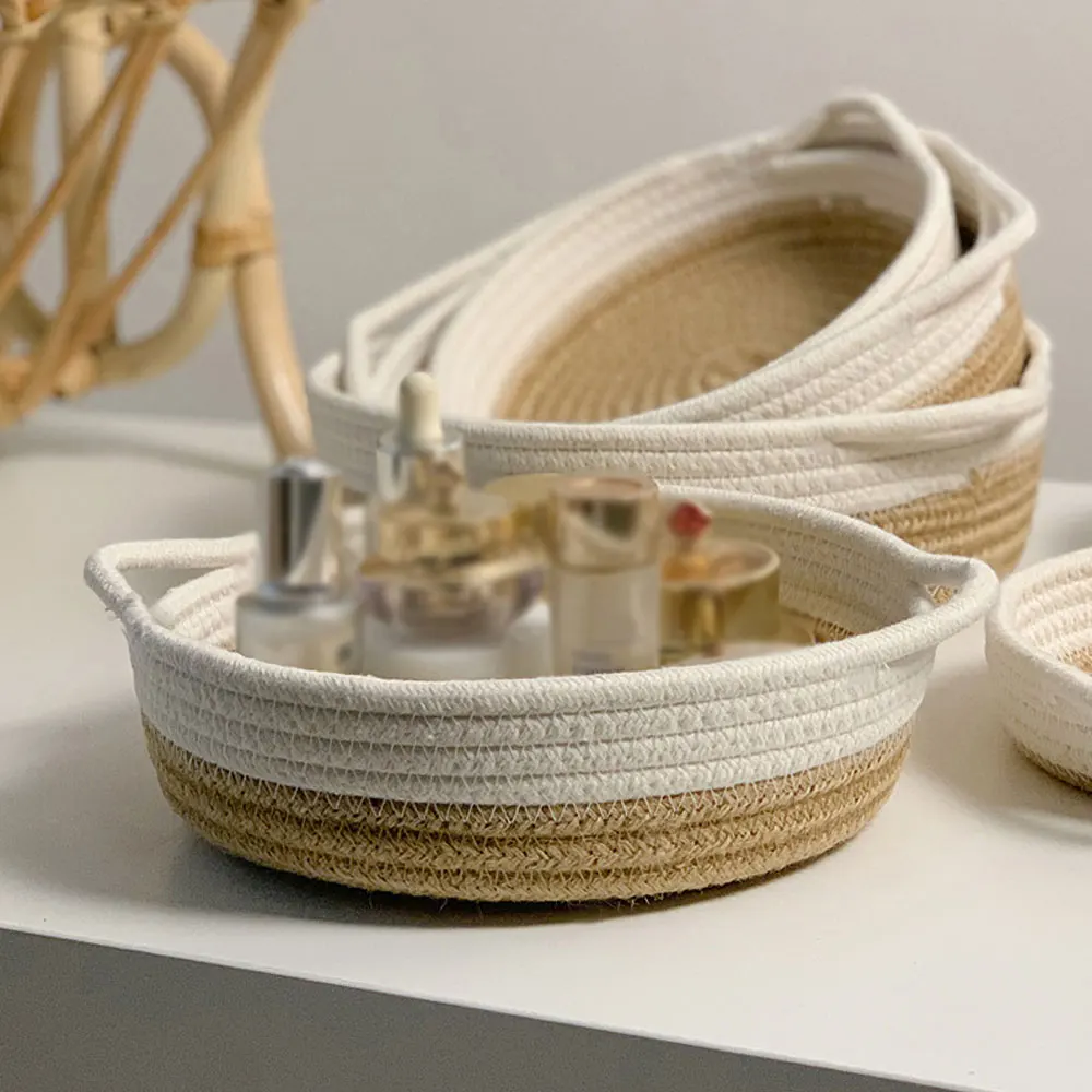 

Круглая плетеная корзина, хлопковая веревка, корзина для хранения детской косметики, Настольная корзина для хранения мелочей, украшение дл...