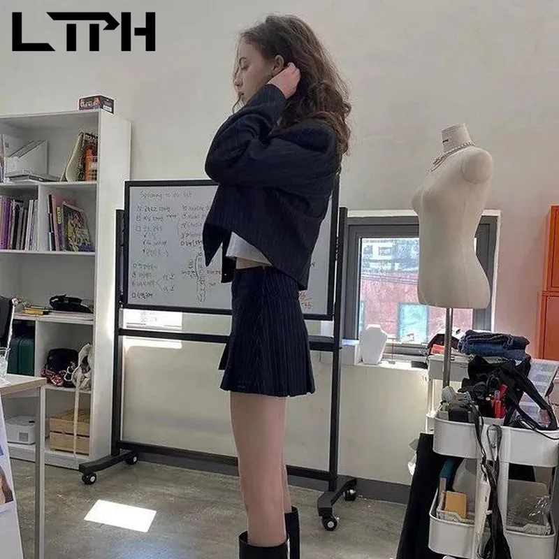 LTPH stripe outfits two piece set women small blazer high waist pleated skirt suits ins streetwear vintage casual 2023autumn new