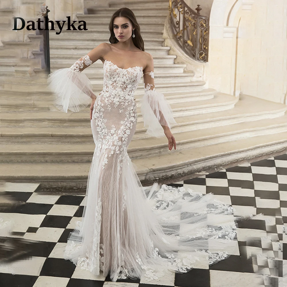 

Dathyka Appliques Lace Wedding Dresses For Mariages Tulle Elegant Trumpet Strapless Court Train Lace Up Backless Robe De Mariée