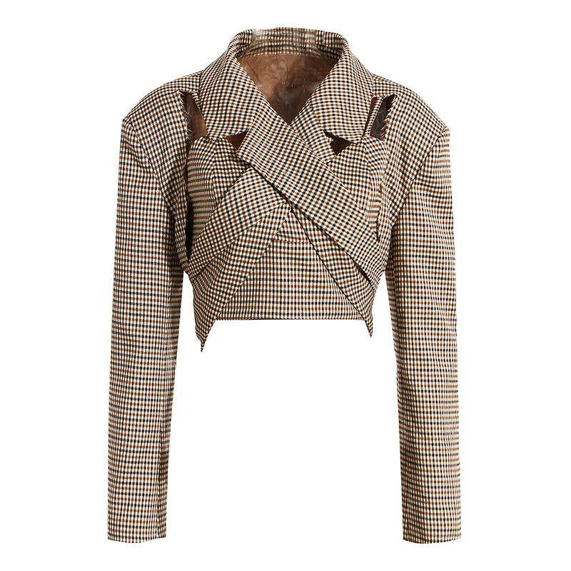 

SeeBeautiful Two-piece Holoow Out Plaid Long Sleeve Short Coat Tight Suspender Vest New Fashion 2022 Autumn Woman Q707
