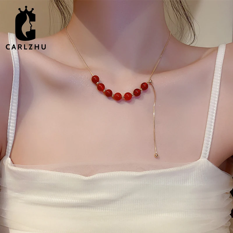 

Позолоченные Красные Бусины из смолы, цепочка до ключиц, ожерелье с подвеской-кисточкой для женщин, простое праздничное вечерние шение для ...