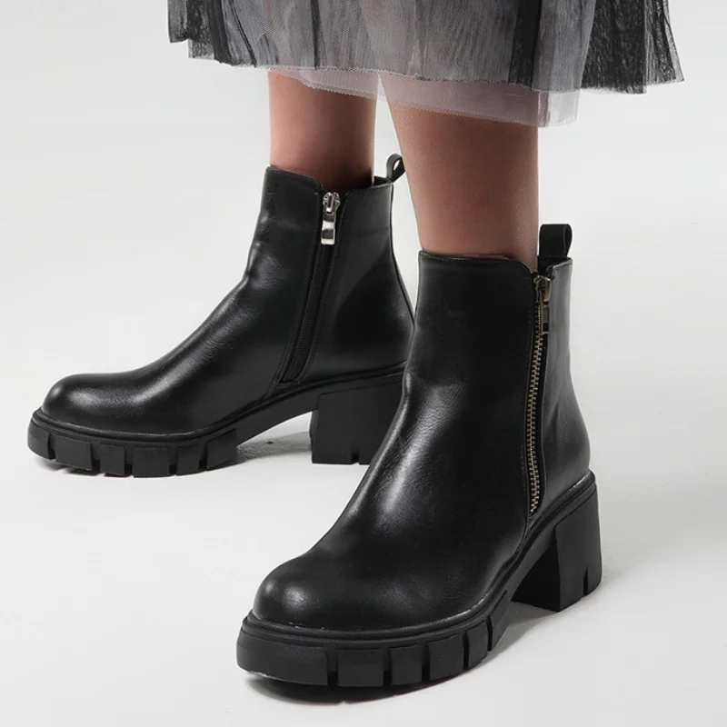 Ankle Boots Thick Soled Women's Leather Boots Round Head Elastic Belt Fashionable Thick Soled Women's Shoes Genuine Leather New