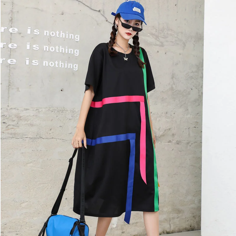 

Женское контрастное платье большого размера с коротким рукавом, лето 2023