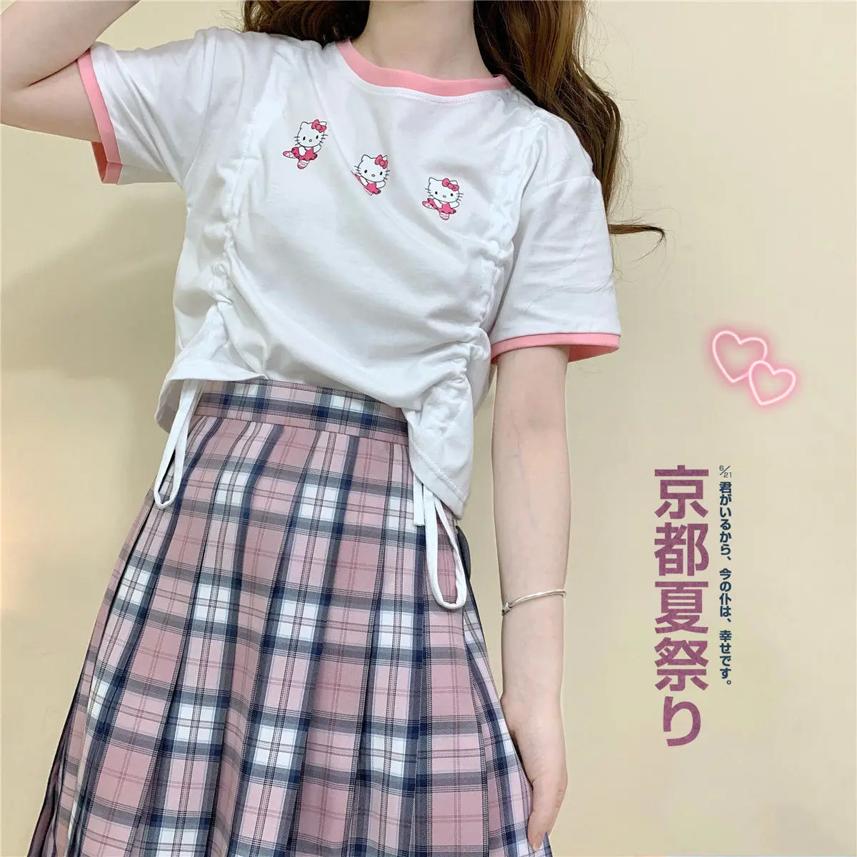 

Hello Kitty New Drawstring Short Loose Short-sleeved T-shirt Female Cute Cartoon Print Lace Stitching Collar Student Shirt