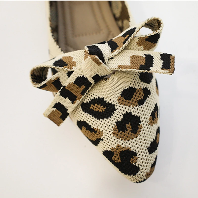 Pointed Toe Thin Flat Bottom Casual Shoe Shallow Mouth Soft Bottom Breathable Bow Knitted Shoes Women Ballerina Zapatillas Mujer