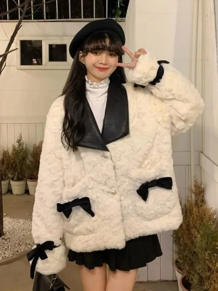 

HEYDRESS/Белое Укороченное пальто из искусственного кроличьего меха Kawaii, Женская хлопковая куртка с отворотом и бантом в Корейском стиле, зимняя теплая элегантная флисовая верхняя одежда