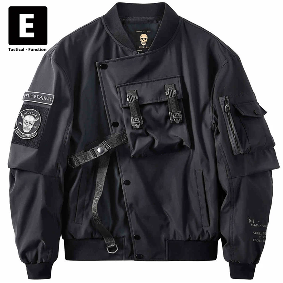 Black Bomber Jacket Men Streetwear Jackets Grim Reaper Embroidery Multiple Pockets Cargo Jackets Coat Male Punk Techwear