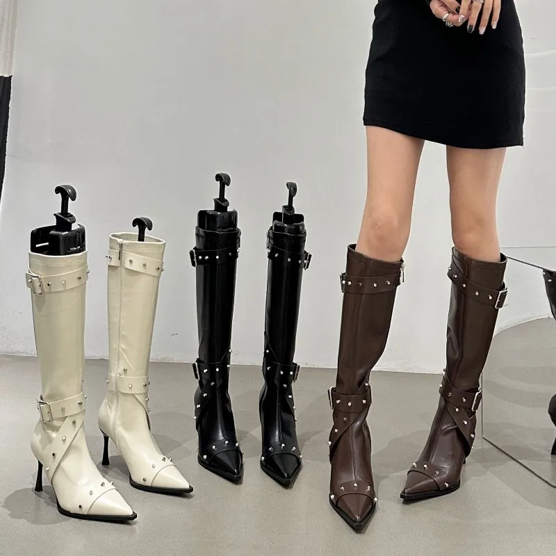 

Women Boots Vintage Pointed Toe Thin Heel High-heeled Boots 2024 New Charm Paris Fashion Zipper Buckle Party Boots Ladies Shoes