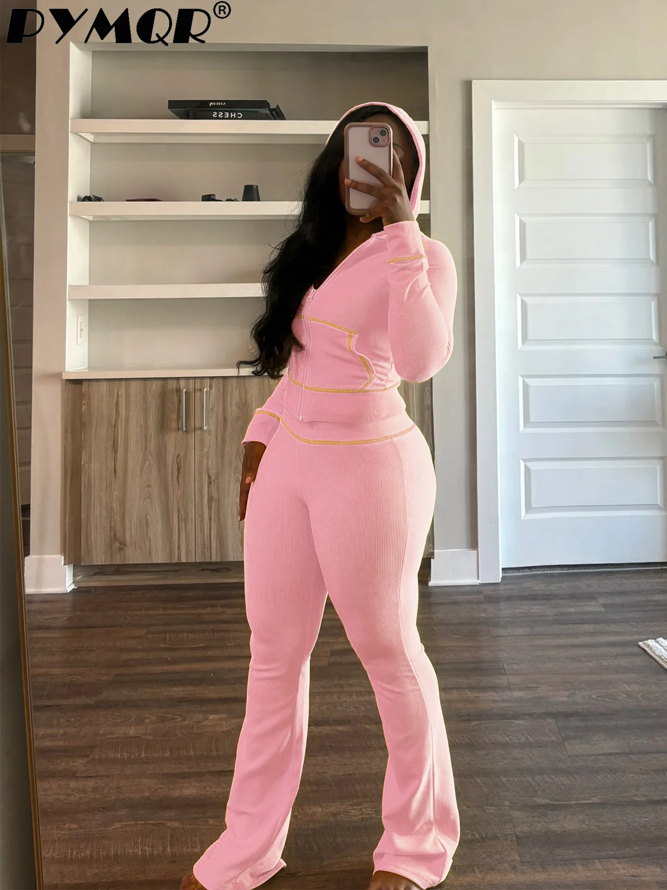 PYMQR розово-красный с длинным рукавом капюшоном CropTop расклешенные брюки для бега