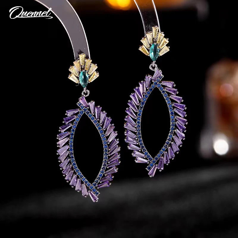 

QUENNEL Oval hollow earrings with zircon leaf geometric Earrings