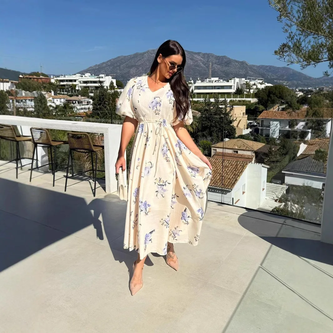 Летние платья для женщин платье с цветочным принтом v-образным вырезом и пышными