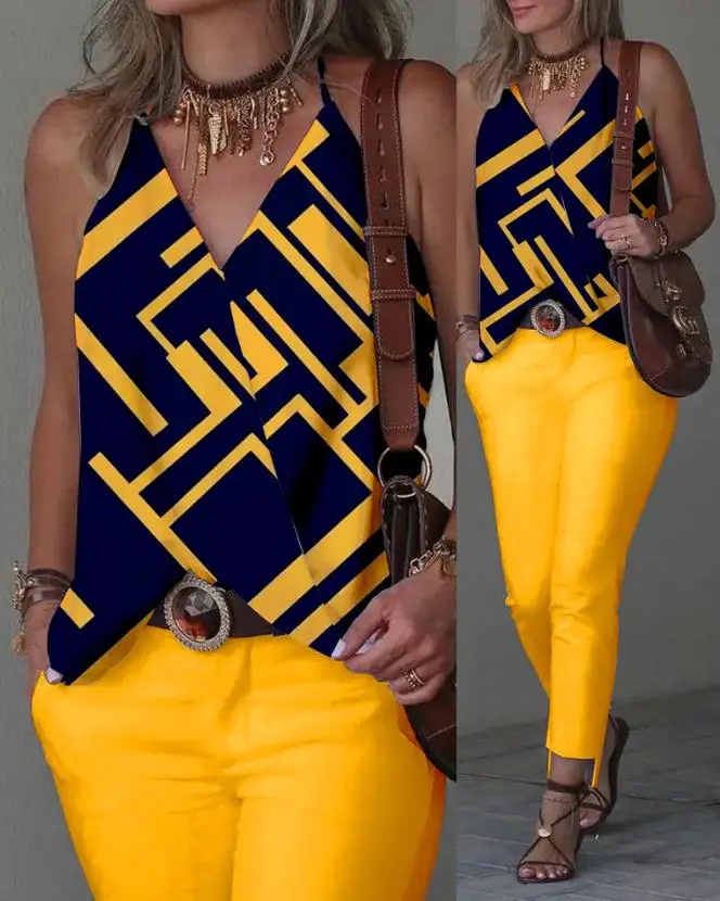 

Elegant 2 Piece Sets Women Outfit 2023 Fashion Geometric Print Halter Sleeveless Y2K Tank Top & Office Work Pants Set Streetwear