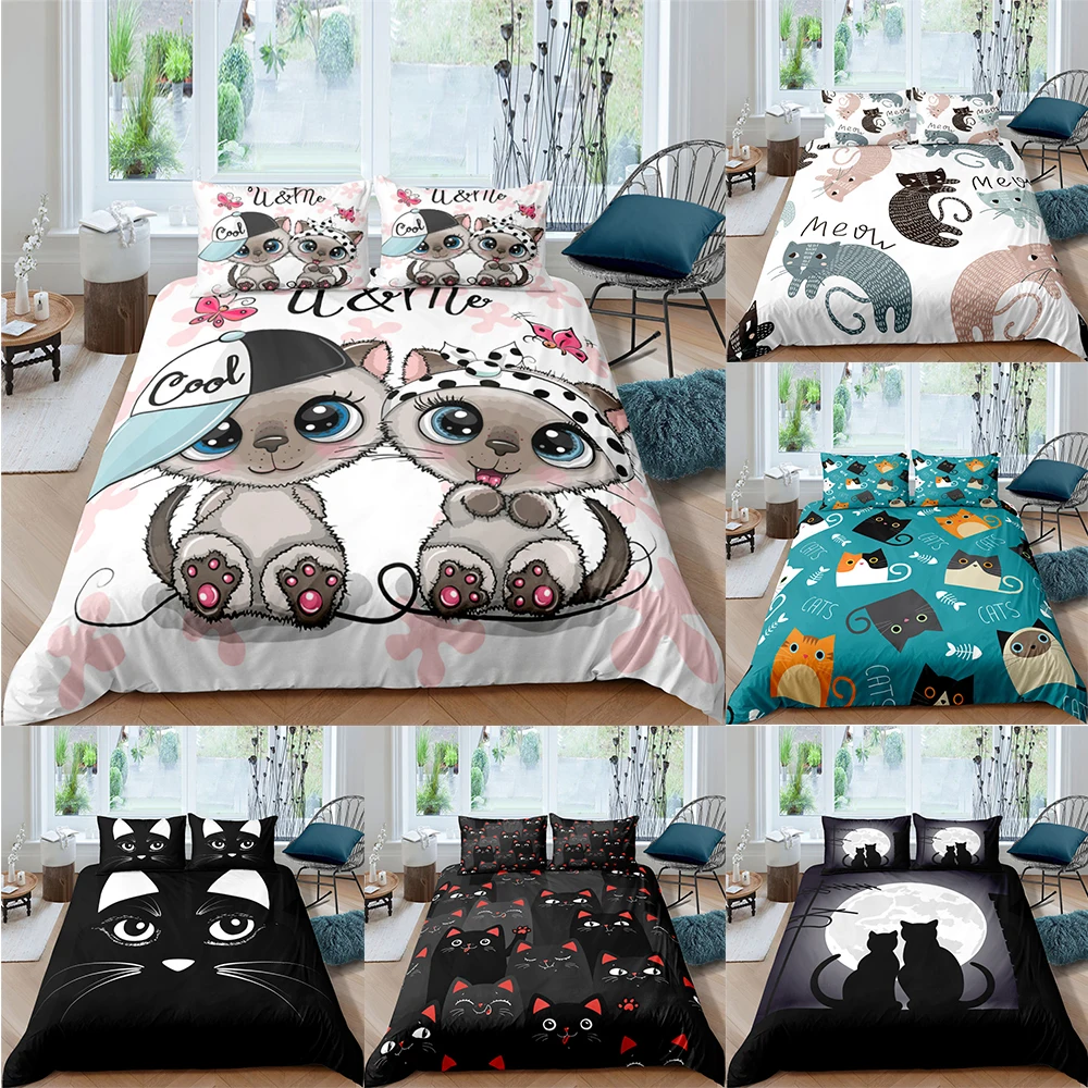 

Cute Cat King Queen Bedding Set Animal Print Duvet Cover For Kids Adult Bedclothes And Pillowcase Quilt Comforter Covers